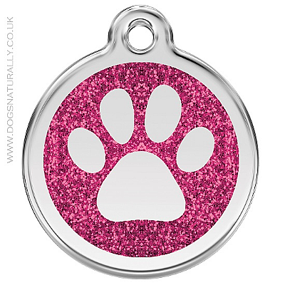 Hot Pink Glitter Paw Print Dog ID Tag (3 sizes)